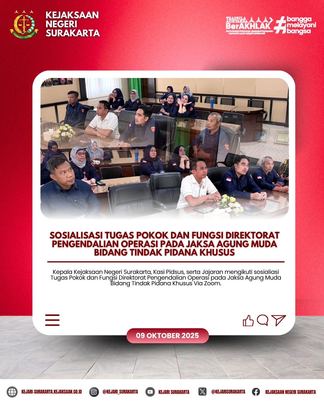Sosialisasi Tugas Pokok dan Fungsi Direktorat Pengendalian Operasi pada Jaksa Agung Muda Bidang Tindak Pidana Khusus.
