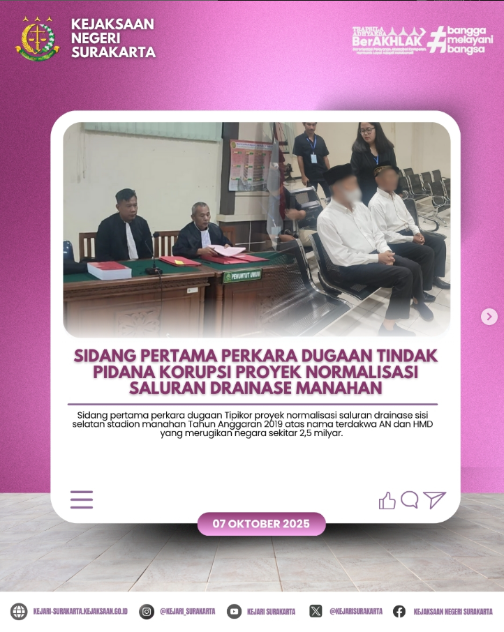 Sidang Pertama Perkara Dugaan Tindak Pidana Korupsi Proyek Normalisasi Saluran Drainase Manahan