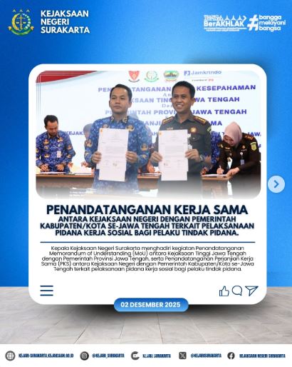 Pendatanganan Kerja Sama Antara Kejaksaan Negeri Dengan Pemerintah Kabupaten/Kota Se-Jawa Tengah Terkait Pelaksanaan Pidana Kerja Sosial Bagi Pelaku Tindak Pidana