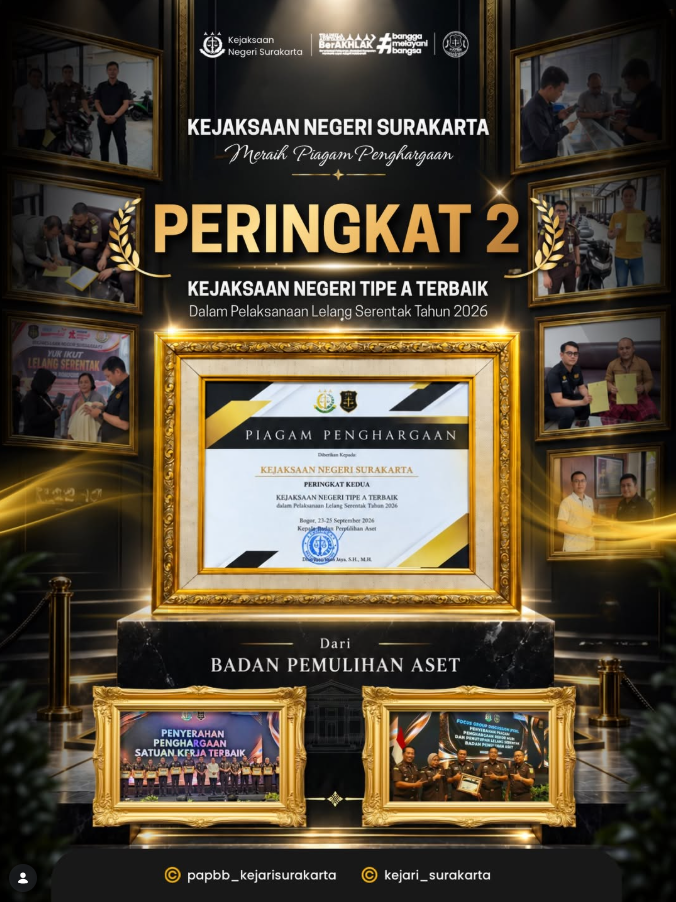 Kejaksaan Negeri Surakarta Meraih Piagam Penghargaan Dalam Pelaksanaan Lelang Serentak Tahun 2026
